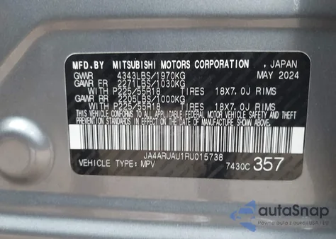2024 Mitsubishi Outlander Sport 2.0 Es Awc/2.0 Le Awc/2.0 Ralliart Awc/2.0 S Awc/2.0 Se Awc/2.0 Trail Edition Awc from USA, damaged, VIN JA4ARUAU1RU015738